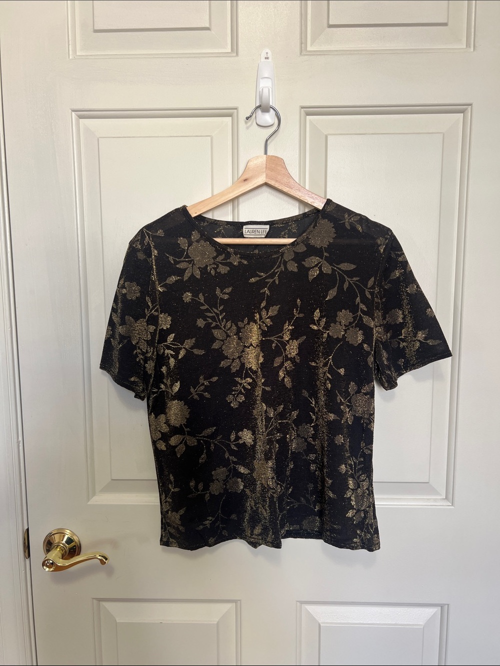 Lauren Lee Black Short Sleeve Top with Gold Floral Print